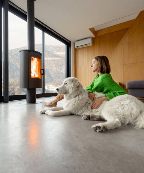 Femme et son chien devant un poêle